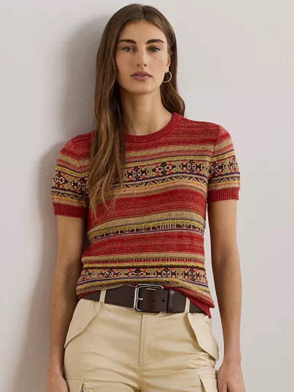 Lauren Ralph Lauren Red Multicolor Striped Fair Isle Short-Sleeve Sweater